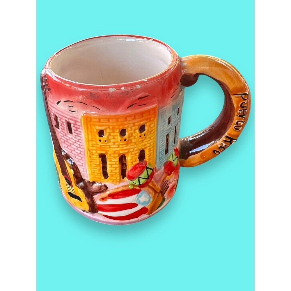 Vintage Puerto Rico Coffee Mug Decorative Colorful Artistic Flowers Guitar Retro